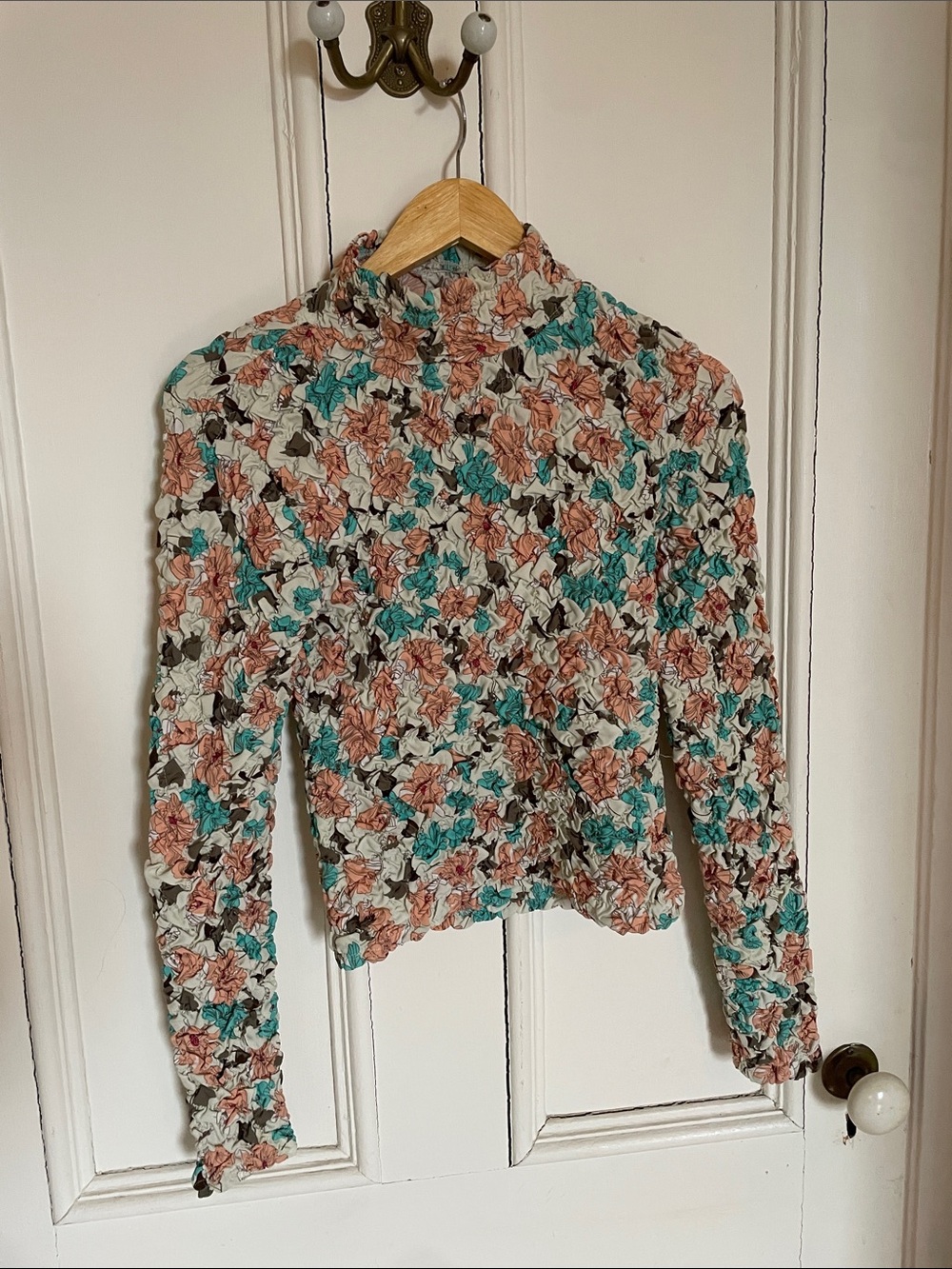 Anthropologie Floral Mock Neck Long Sleeve Top in Teal, Blush & Cream